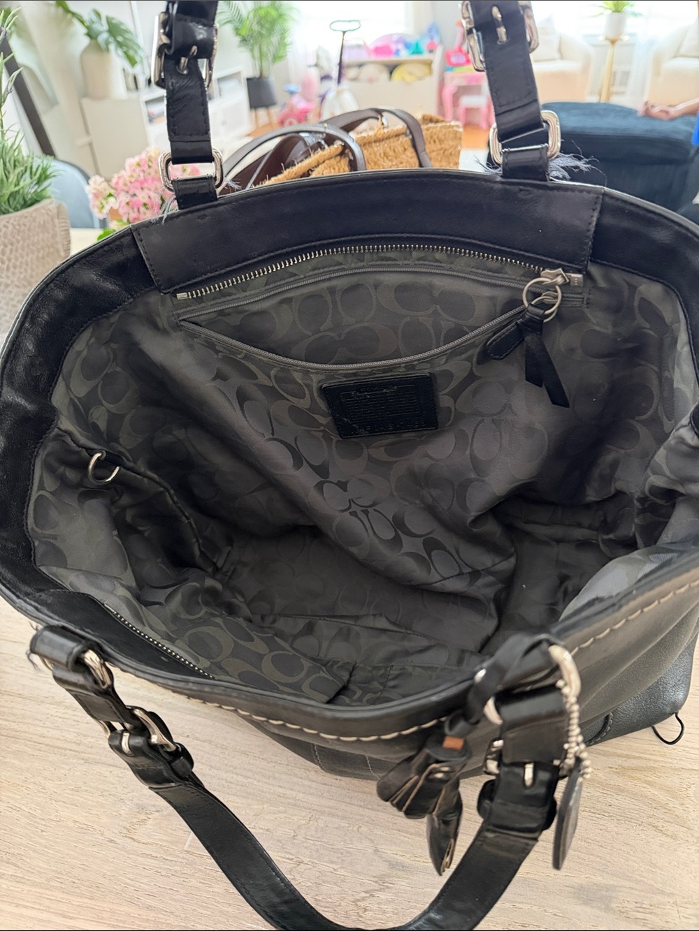 Coach Black Leather Shoulder Tote with Signature Jacquard Interior
